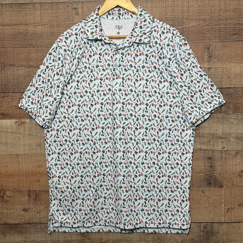 1764 Mens Golf Polo All Over Print Lobster Beer Fish Performance Shirt sz Large